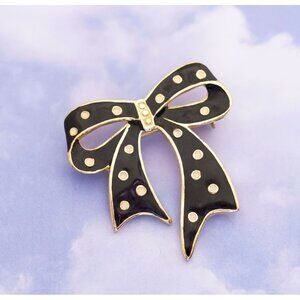 Vintage Avant garde Gold And Black Enamel Bow Shape Brooch - S15